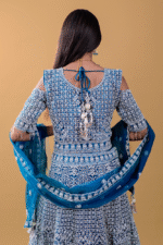 Peacock Blue Colour Net Crop Top with Diamond, Stones & Silver Thread Embroidery - Image 3
