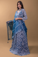 Greenish Blue Net Crop Top with Mirror & Thread Embroidery, Blouse and Dupatta