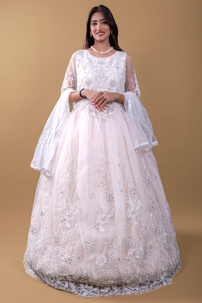 PSHI8364 Cream Net Luxurious Gown with Floral Embroidery, Diamond & Sequin Work - Image 1