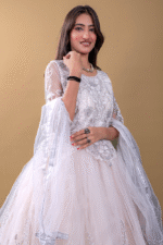 Cream Net Luxurious Gown with Floral Embroidery, Diamond & Sequin Work - Image 2