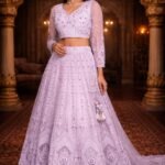 Lavender Shimmer Net Crop Top Set with Floral Embroidery and Diamond Thread Work