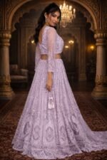 Lavender Shimmer Net Crop Top Set with Floral Embroidery and Diamond Thread Work - Image 3