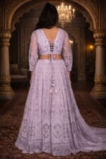 Lavender Shimmer Net Crop Top Set with Floral Embroidery and Diamond Thread Work - Image 2
