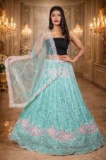 Pista Green Shimmer Silk Lehenga with Silver Sequin and Thread Embroidery - Image 2