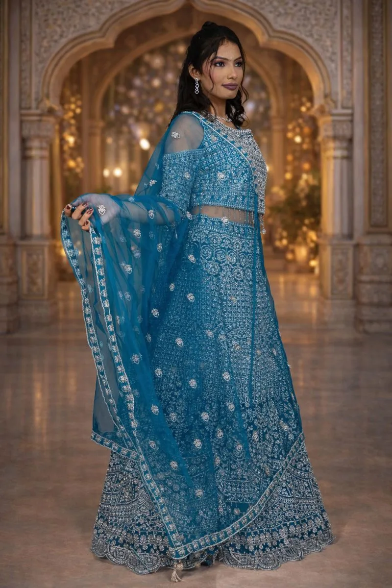 Women Product 10A (1) Rama Colour Net Crop Top with Diamond, Stones & Silver Thread Embroidery - Image 1