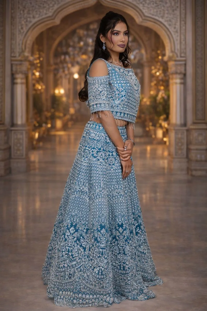 Rama Colour Net Crop Top with Diamond, Stones & Silver Thread Embroidery - Image 2