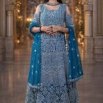 Peacock Blue Colour Net Crop Top with Diamond, Stones & Silver Thread Embroidery