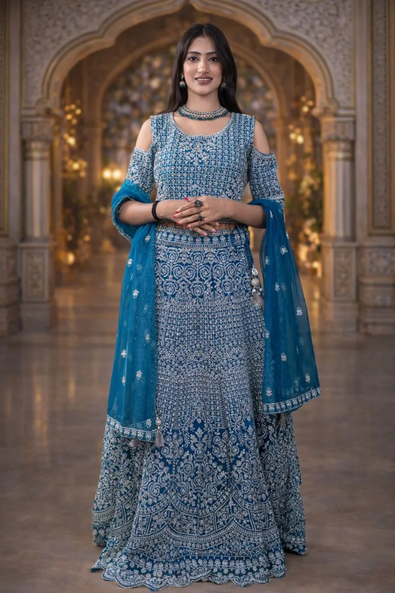 Women Product 10B (1) Peacock Blue Colour Net Crop Top with Diamond, Stones & Silver Thread Embroidery - Image 1