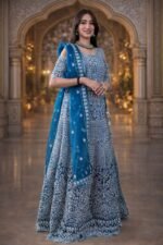 Peacock Blue Colour Net Crop Top with Diamond, Stones & Silver Thread Embroidery - Image 2