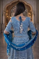 Peacock Blue Colour Net Crop Top with Diamond, Stones & Silver Thread Embroidery - Image 3