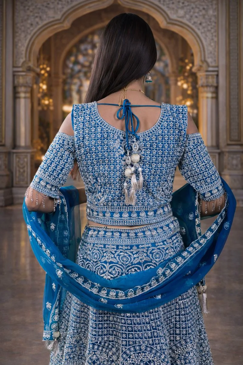 Peacock Blue Colour Net Crop Top with Diamond, Stones & Silver Thread Embroidery - Image 3