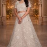 Golden Cream Net Crop Top Set with Mirror Work and Dupatta