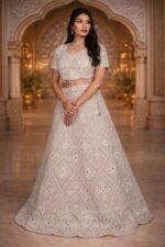 Golden Cream Net Crop Top Set with Mirror Work and Dupatta