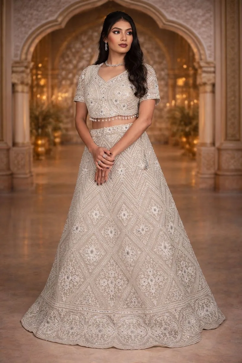 Women Product 11A (1) Golden Cream Net Crop Top Set with Mirror Work and Dupatta - Image 1