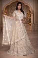 Golden Cream Net Crop Top Set with Mirror Work and Dupatta - Image 3