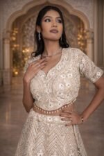 Golden Cream Net Crop Top Set with Mirror Work and Dupatta - Image 2
