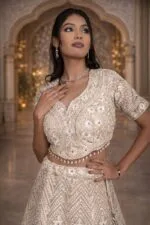 Golden Cream Net Crop Top Set with Mirror Work and Dupatta - Image 2