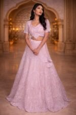 Blush Pink Net Crop Top with Diamond, Beads & Sequin Embroidery - Image 3