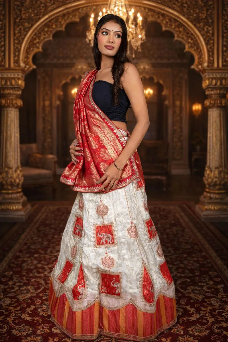 Women Product 13 (1) Cream & Red Shimmer Lehenga with Ganesha Embroidery and Banarasi Zari Dupatta - Image 1