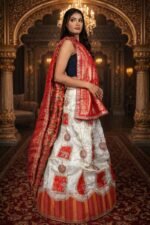 Cream & Red Shimmer Lehenga with Ganesha Embroidery and Banarasi Zari Dupatta - Image 2
