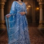 Greenish Blue Net Crop Top with Mirror & Thread Embroidery, Blouse and Dupatta