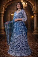 Greenish Blue Net Crop Top with Mirror & Thread Embroidery, Blouse and Dupatta - Image 2