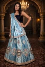 Light Blue Shimmer Silk Lehenga with Zardozi & Sequins Embroidery, Silk Blouse and Dupatta