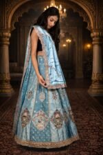 Light Blue Shimmer Silk Lehenga with Zardozi & Sequins Embroidery, Silk Blouse and Dupatta - Image 2