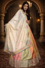 Multi Colour Lehenga with Pista Green Zardozi Embroidery Blouse & Kora Tissue Dupatta - Image 3