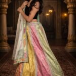 Multi Colour Lehenga with Pista Green Zardozi Embroidery Blouse & Kora Tissue Dupatta