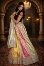 Multi Colour Lehenga with Pista Green Zardozi Embroidery Blouse & Kora Tissue Dupatta
