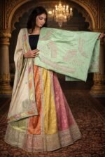 Multi Colour Lehenga with Pista Green Zardozi Embroidery Blouse & Kora Tissue Dupatta - Image 2