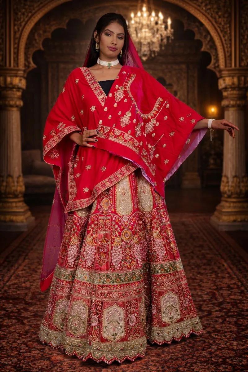 Rani Pink Bridal Velvet Lehenga with Zardozi and Diamond Work Embroidery - Image 3
