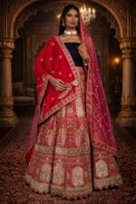 Rani Pink Bridal Velvet Lehenga with Zardozi and Diamond Work Embroidery