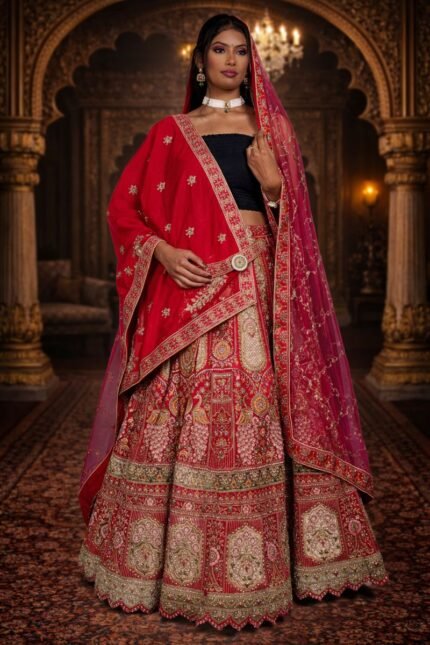 Rani Pink Bridal Velvet Lehenga with Zardozi and Diamond Work Embroidery