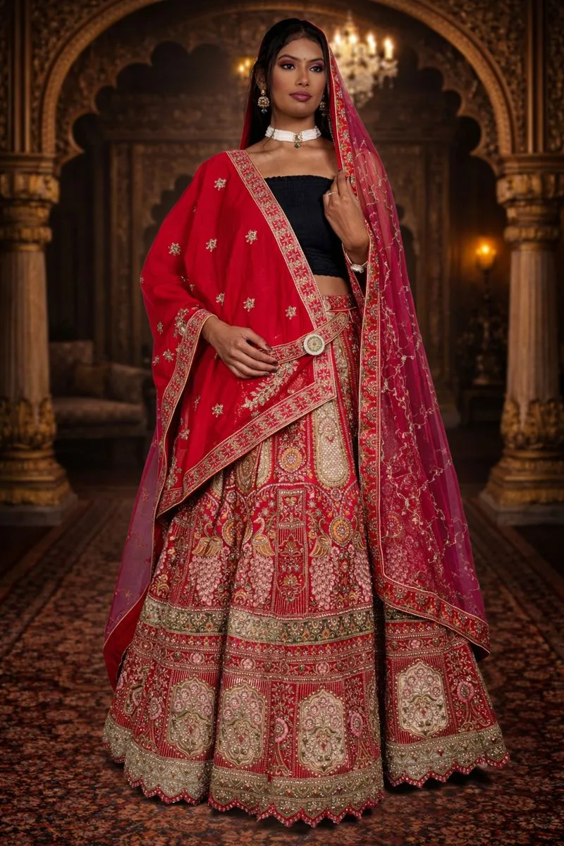 Women Product 15A (3) Rani Pink Bridal Velvet Lehenga with Zardozi and Diamond Work Embroidery - Image 1