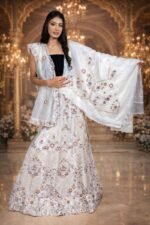 Off-White Heavy Embroidered Lehenga with Shimmer Organza Blouse and Sheer Dupatta - Image 2