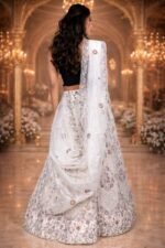 Off-White Heavy Embroidered Lehenga with Shimmer Organza Blouse and Sheer Dupatta - Image 3