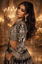 Black Georgette Crop Top with Golden Zari, Sequins & Dori Embroidery - Image 3