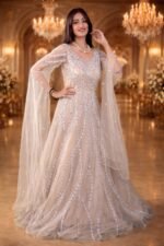 Ivory Linen Wedding Gown with Silver Thread, Sequin & Mirror Embroidery - Image 3