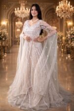 Ivory Linen Wedding Gown with Silver Thread, Sequin & Mirror Embroidery - Image 2