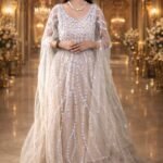 Ivory Linen Wedding Gown with Silver Thread, Sequin & Mirror Embroidery