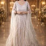 Ivory Linen Wedding Gown with Silver Thread, Sequin & Mirror Embroidery