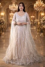 Ivory Linen Wedding Gown with Silver Thread, Sequin & Mirror Embroidery