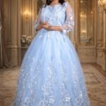 Light Blue Net Wedding Gown with Floral Bead & Sequin Embroidery