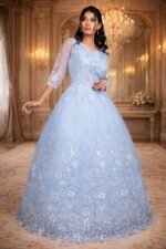 Light Blue Net Wedding Gown with Floral Bead & Sequin Embroidery - Image 2