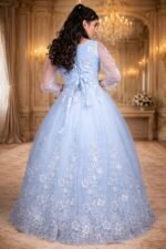 Light Blue Net Wedding Gown with Floral Bead & Sequin Embroidery - Image 3