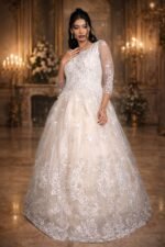 Cream-Offwhite Net Festive Gown with Floral Embroidery, Diamond & Sequin Work - Image 2