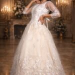 Cream-Offwhite Net Festive Gown with Floral Embroidery, Diamond & Sequin Work