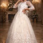 Cream-Offwhite Net Festive Gown with Floral Embroidery, Diamond & Sequin Work